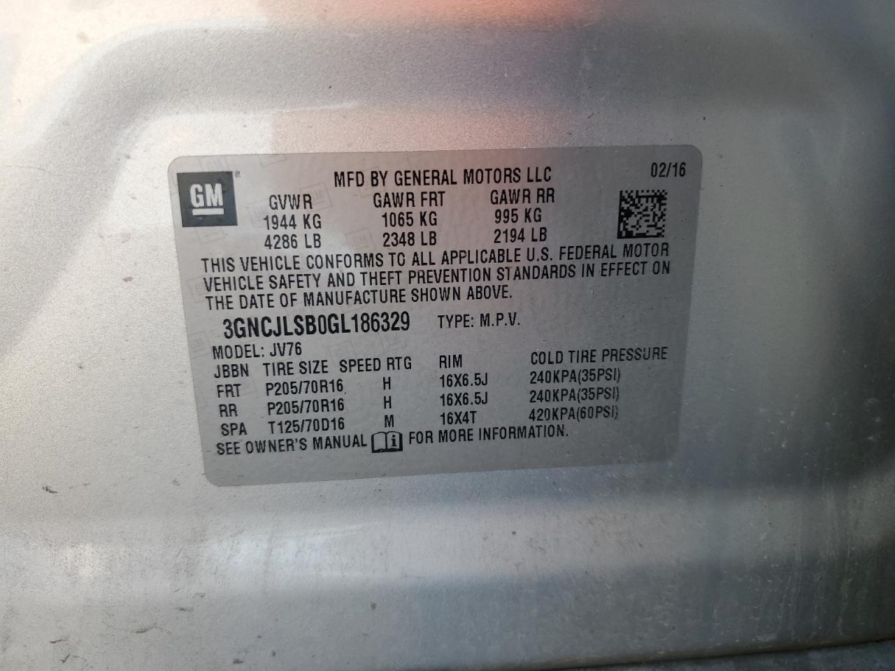 2016 Chevrolet Trax 1Lt VIN: 3GNCJLSB0GL186329 Lot: 67347495