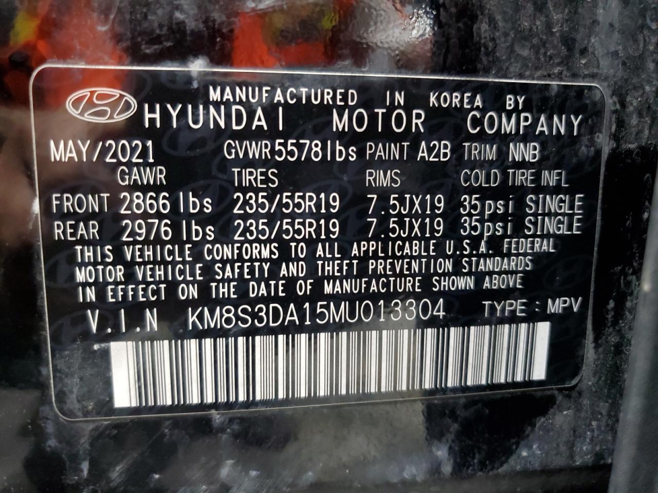 2021 Hyundai Santa Fe Sel Premium VIN: KM8S3DA15MU013304 Lot: 70928385