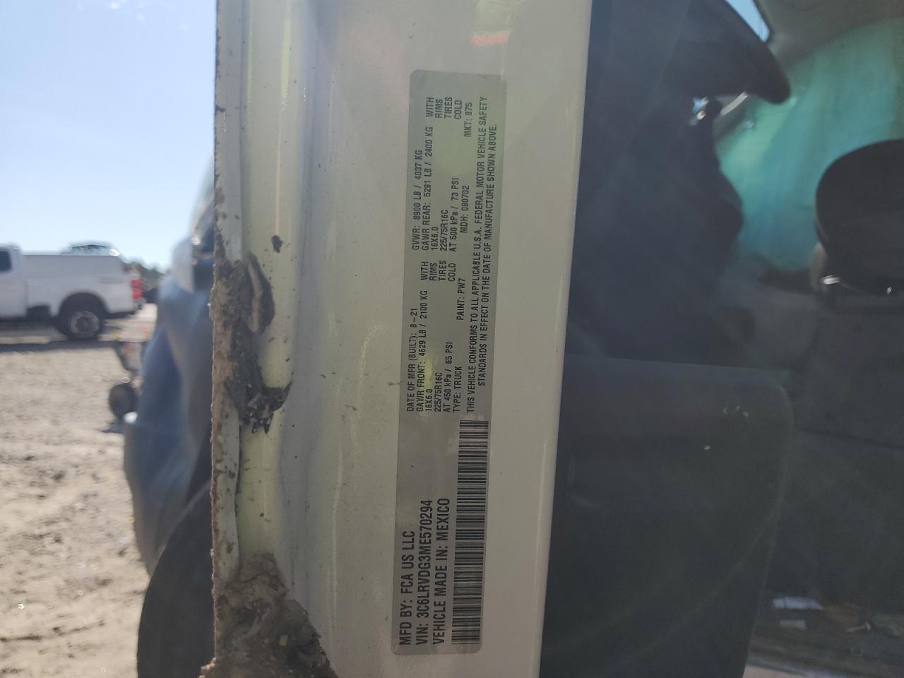 2021 Ram Promaster 2500 2500 High VIN: 3C6LRVDG3ME570294 Lot: 70550785