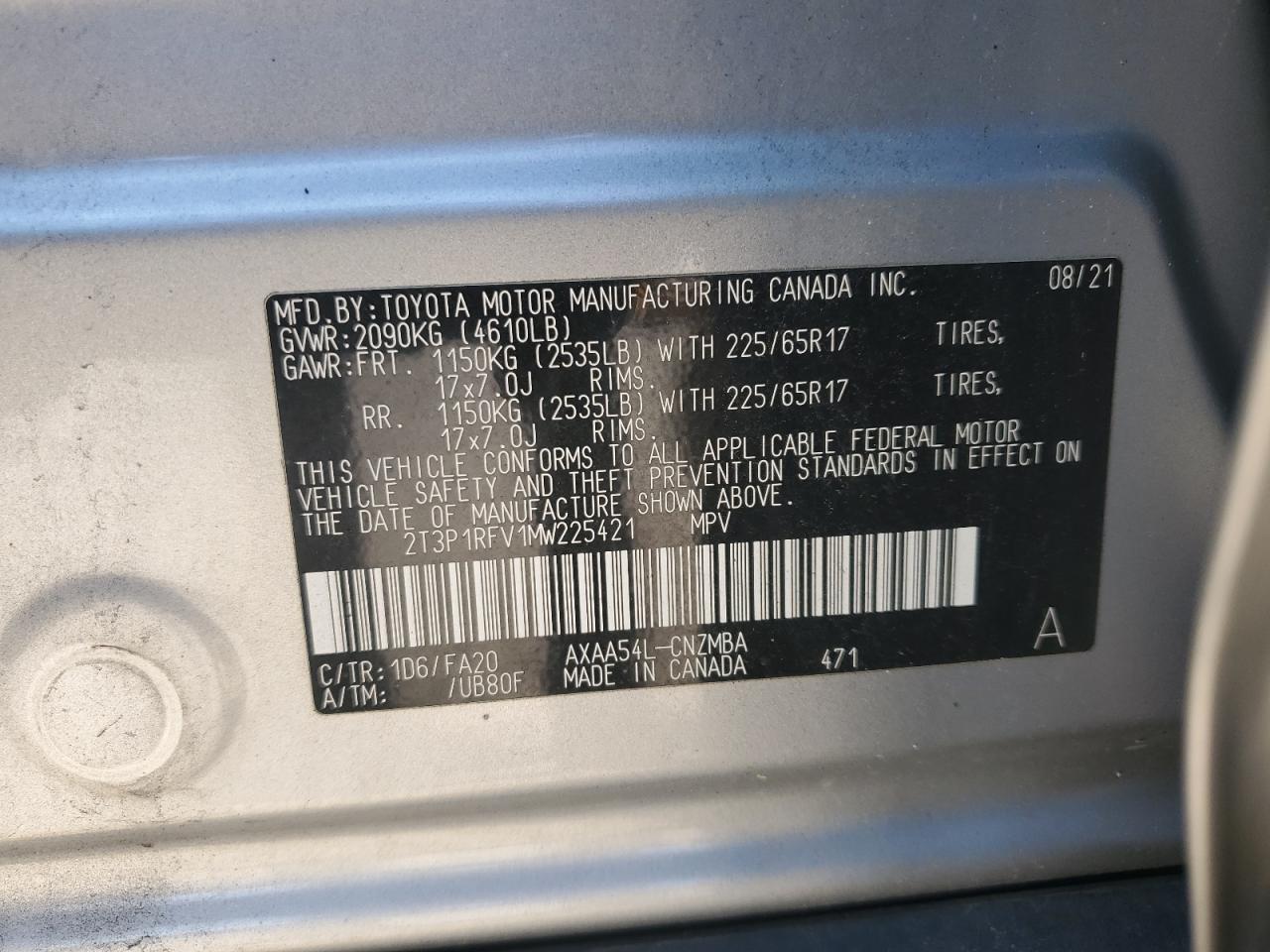 2021 Toyota Rav4 Xle VIN: 2T3P1RFV1MW225421 Lot: 69868865