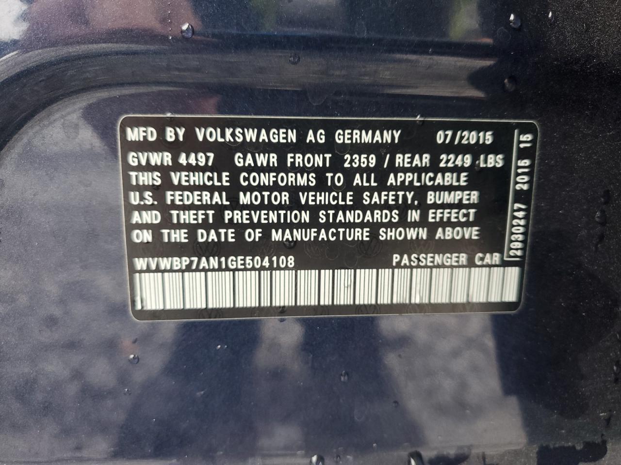 2016 Volkswagen Cc Base VIN: WVWBP7AN1GE504108 Lot: 66152965