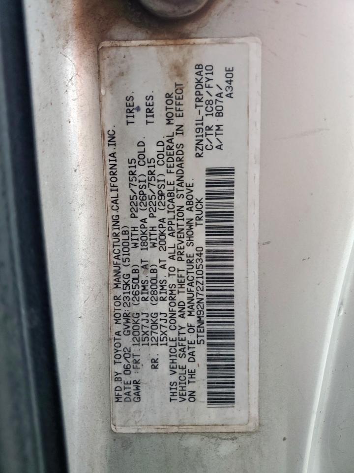 2002 Toyota Tacoma Prerunner VIN: 5TENM92N72Z105340 Lot: 70022245