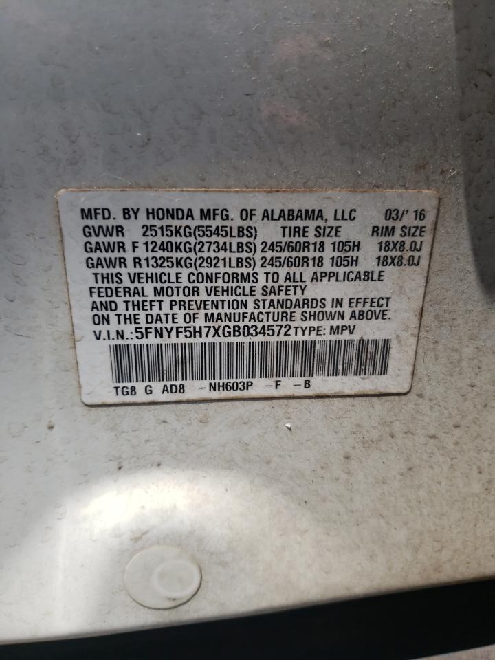 2016 Honda Pilot Exln VIN: 5FNYF5H7XGB034572 Lot: 68843905