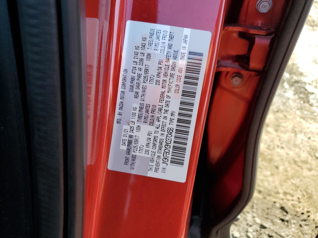 2021 Mazda Cx-5 Touring VIN: JM3KFBCM3M0370468 Lot: 68970545