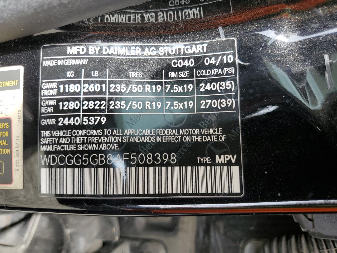 2010 Mercedes-Benz Glk 350 VIN: WDCGG5GB8AF508398 Lot: 70955145