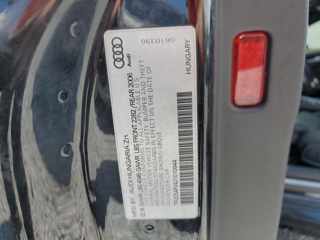 2018 Audi Tt VIN: TRUC5AFV4J1010944 Lot: 70443865