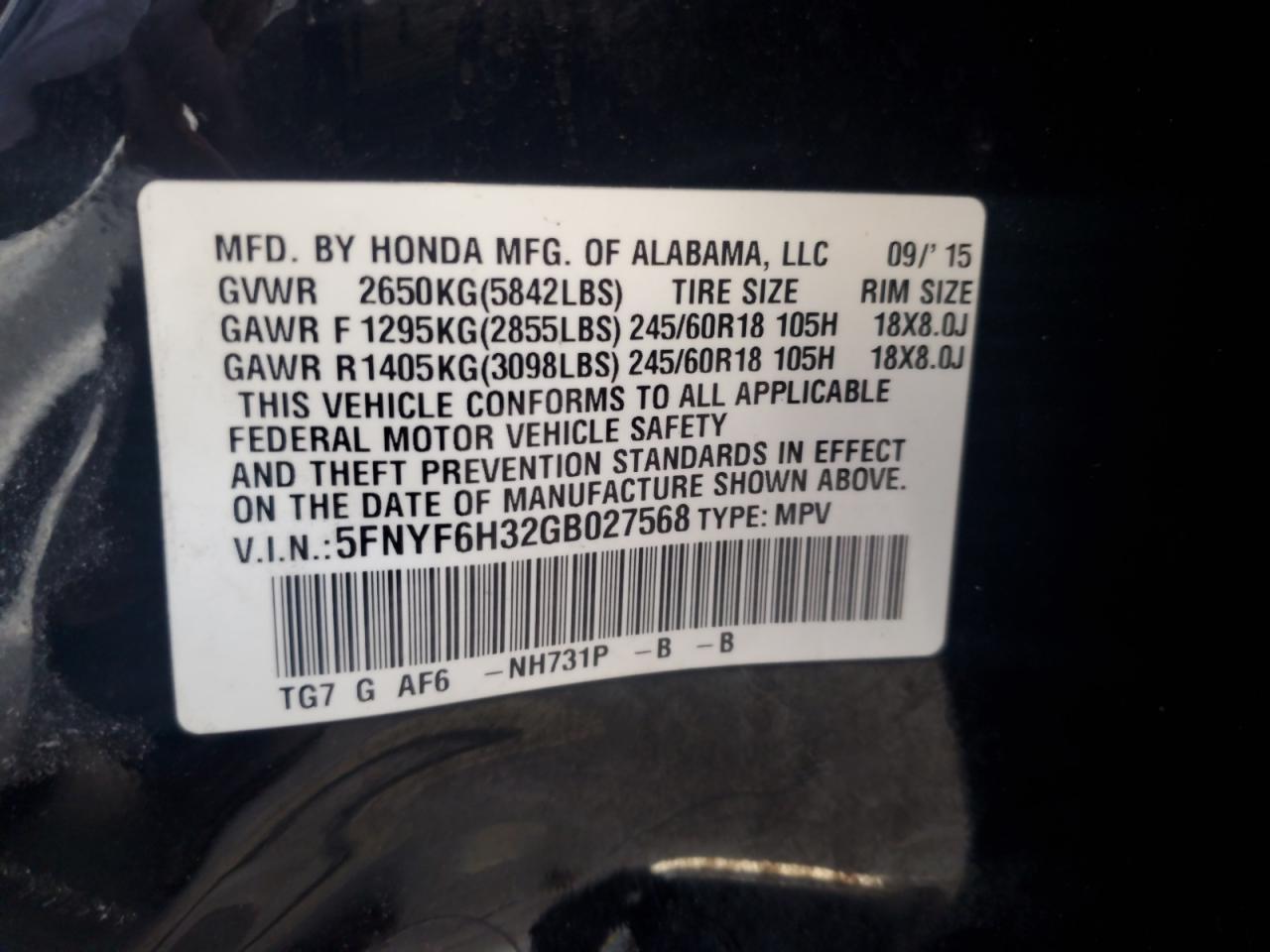 2016 Honda Pilot Ex VIN: 5FNYF6H32GB027568 Lot: 67601025