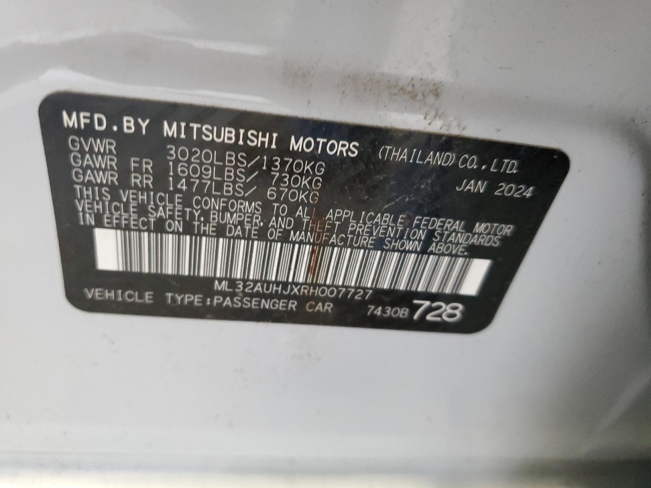 2024 Mitsubishi Mirage Es VIN: ML32AUHJXRH007727 Lot: 69579695