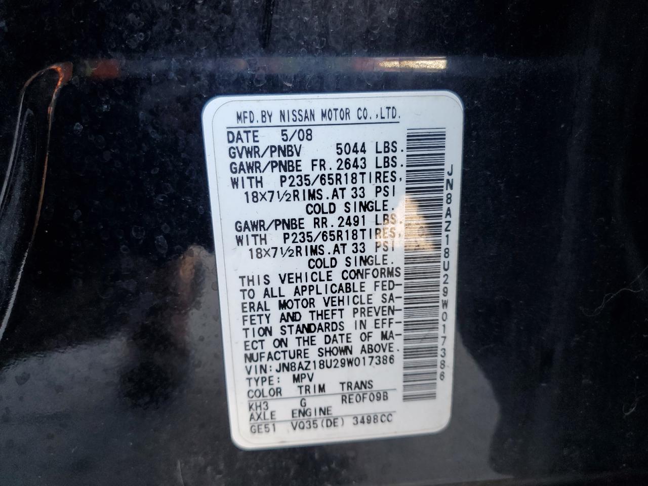 2009 Nissan Murano S VIN: JN8AZ18U29W017386 Lot: 69082005