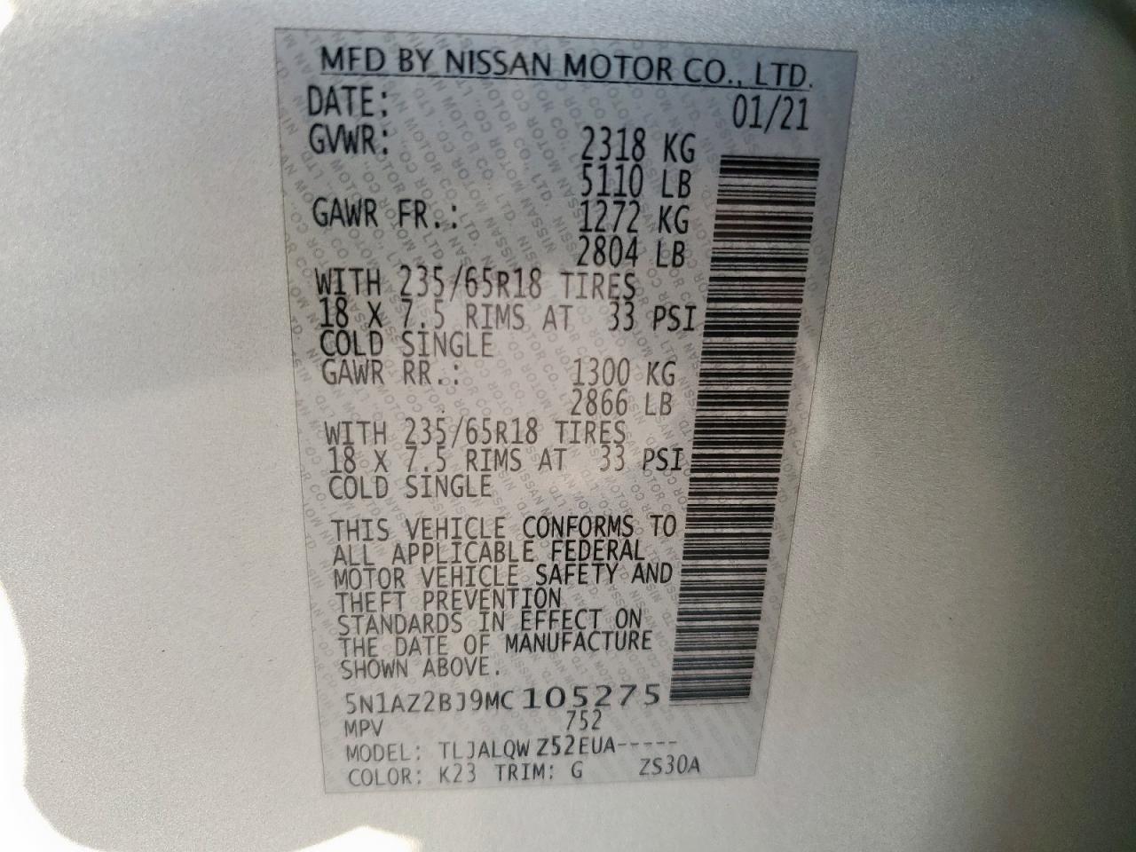 2021 Nissan Murano Sv VIN: 5N1AZ2BJ9MC105275 Lot: 68964855