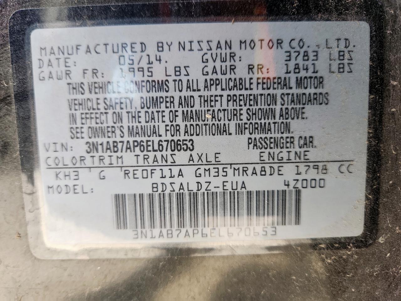 2014 Nissan Sentra S VIN: 3N1AB7AP6EL670653 Lot: 71066445