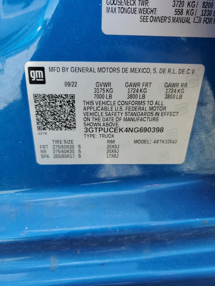 2022 GMC Sierra K1500 Elevation VIN: 3GTPUCEK4NG690398 Lot: 69747605