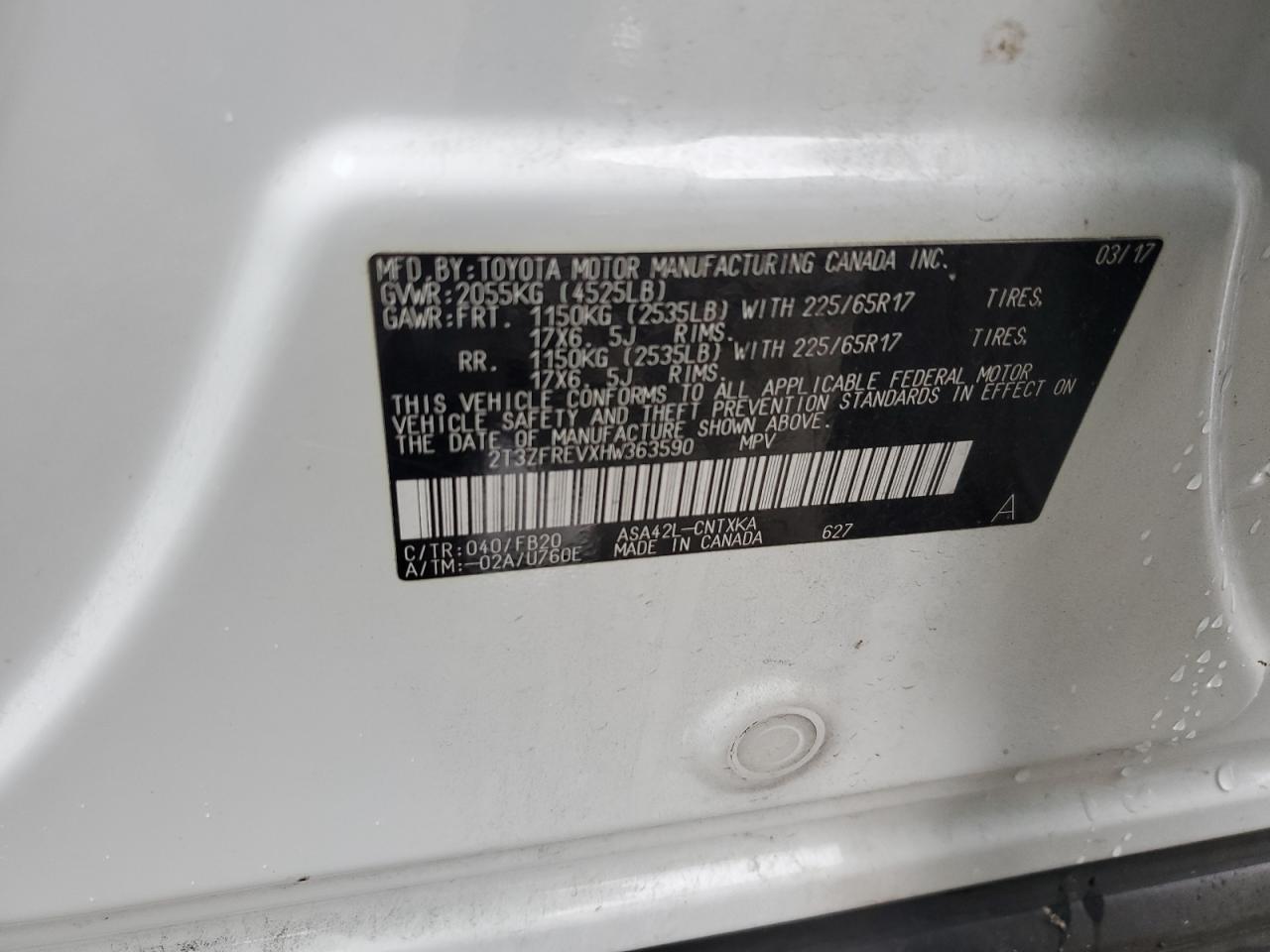 2017 Toyota Rav4 Le VIN: 2T3ZFREVXHW363590 Lot: 63034775