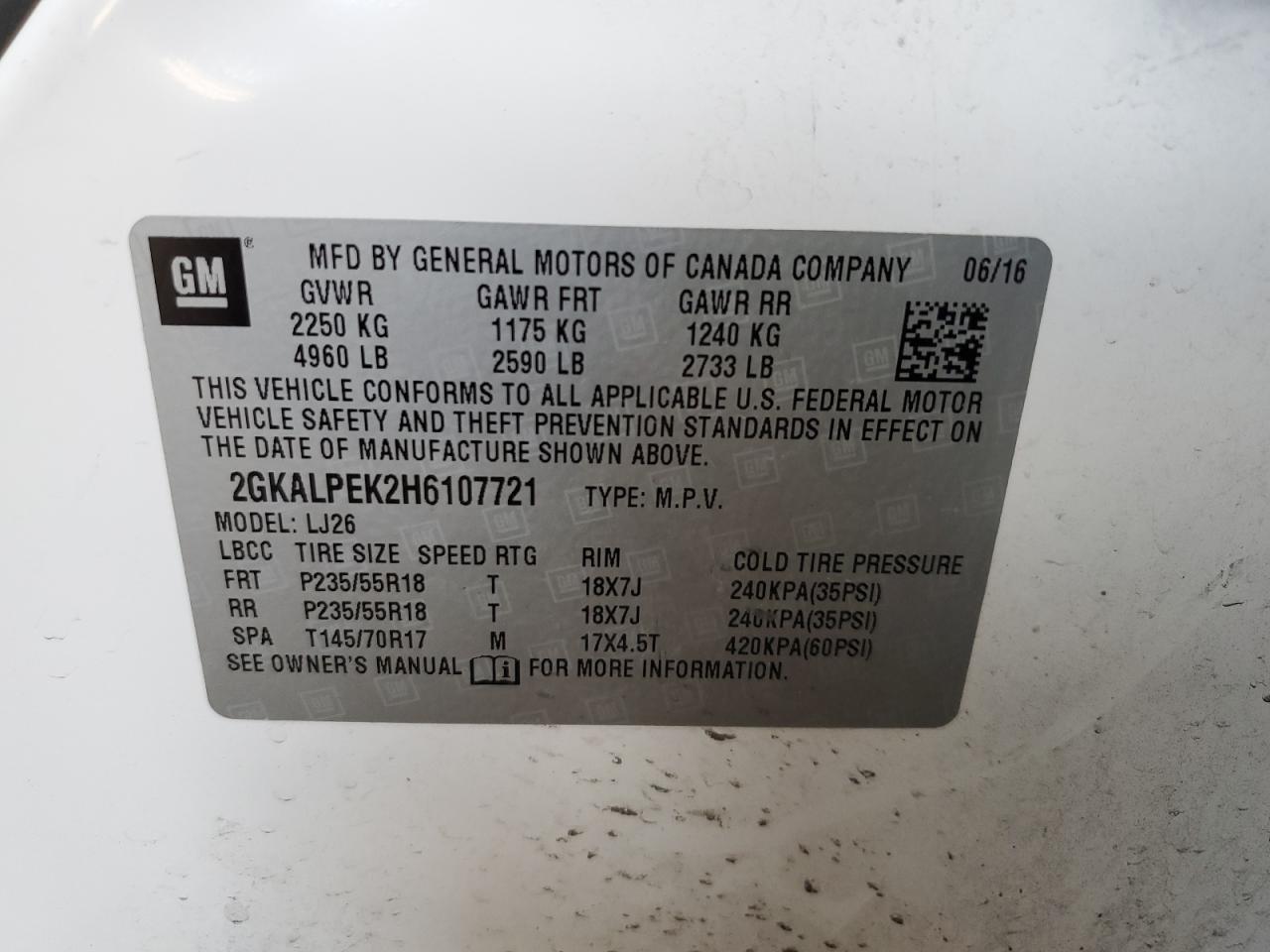 2017 GMC Terrain Slt VIN: 2GKALPEK2H6107721 Lot: 68307525