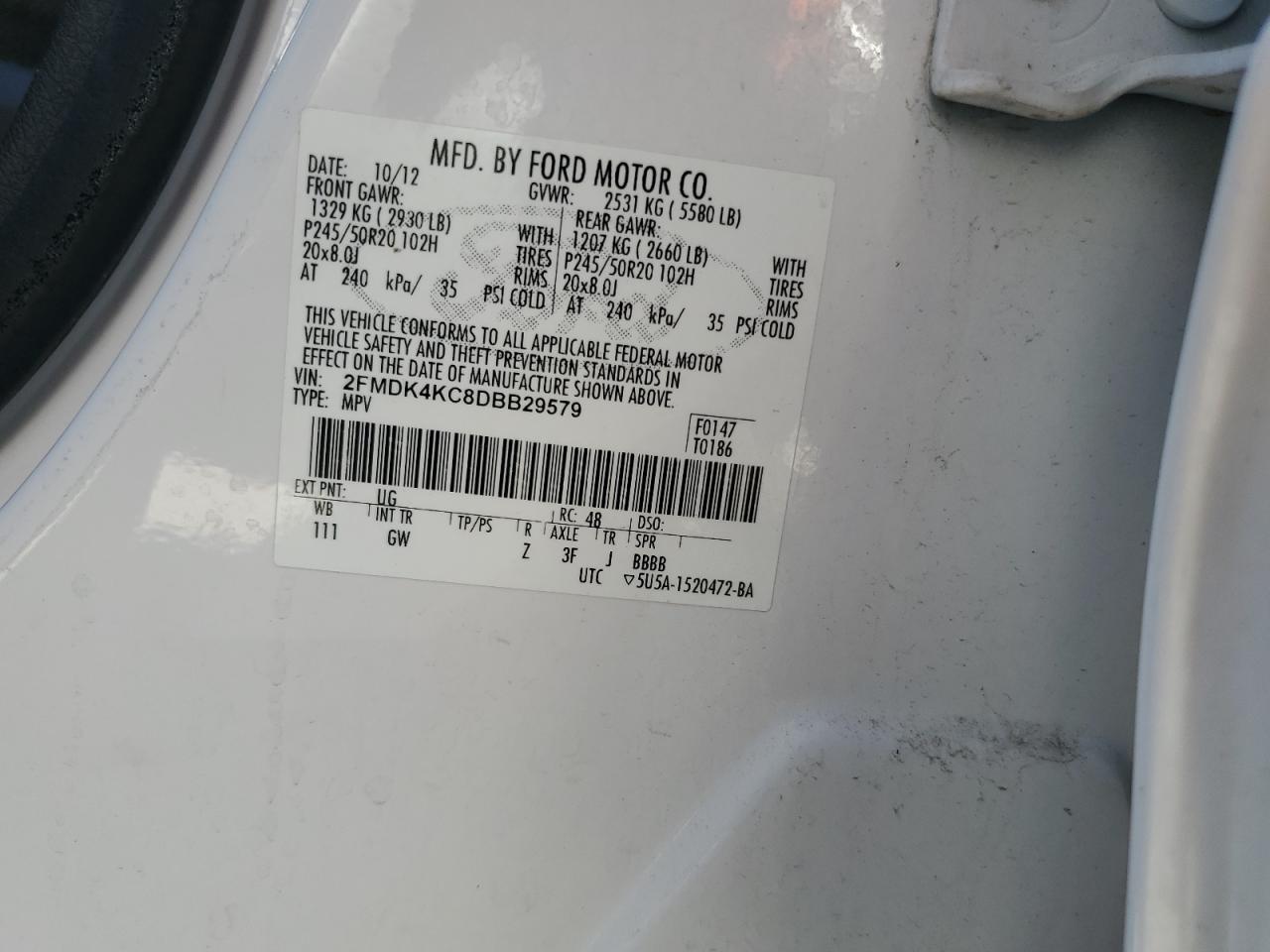 2013 Ford Edge Limited VIN: 2FMDK4KC8DBB29579 Lot: 68068915