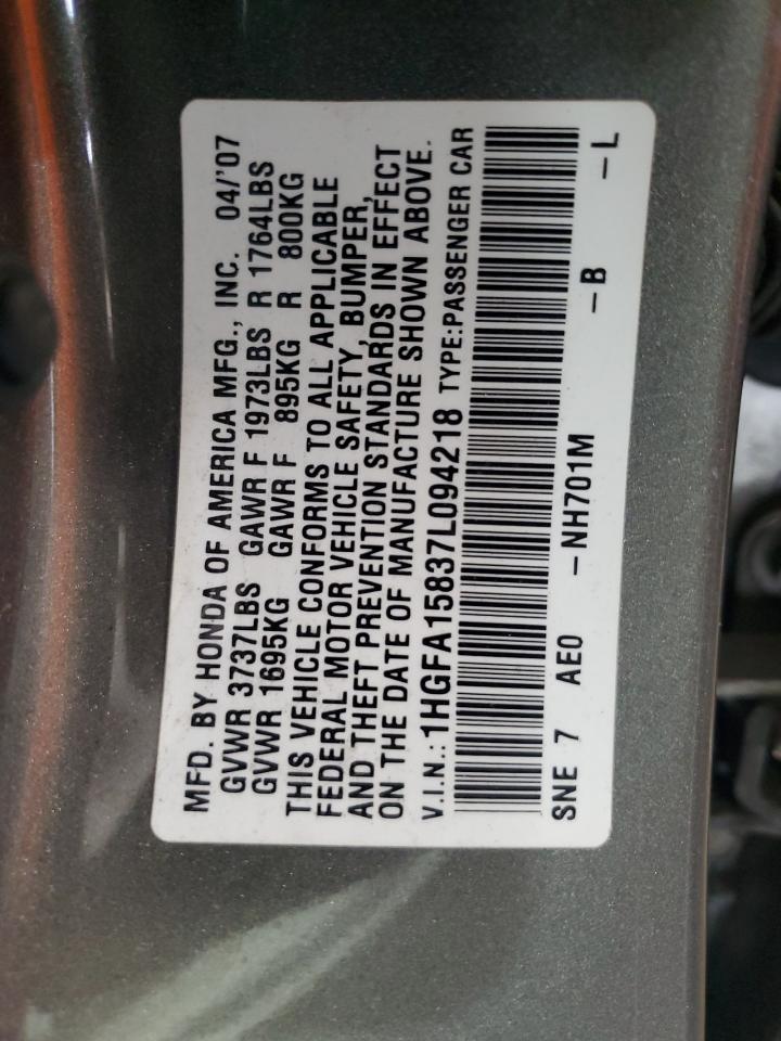 2007 Honda Civic Ex VIN: 1HGFA15837L094218 Lot: 68210265