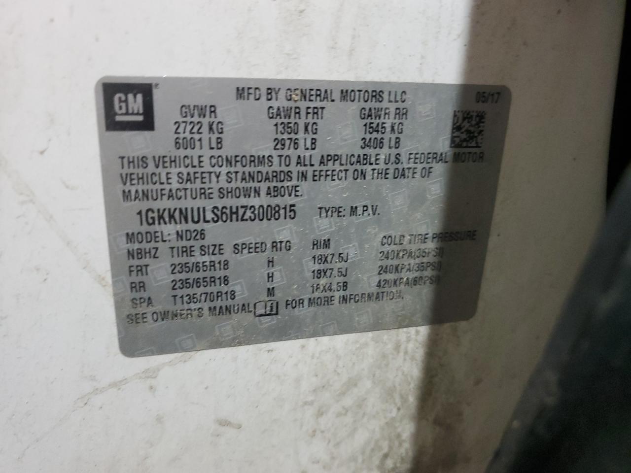 2017 GMC Acadia Slt-1 VIN: 1GKKNULS6HZ300815 Lot: 66531085