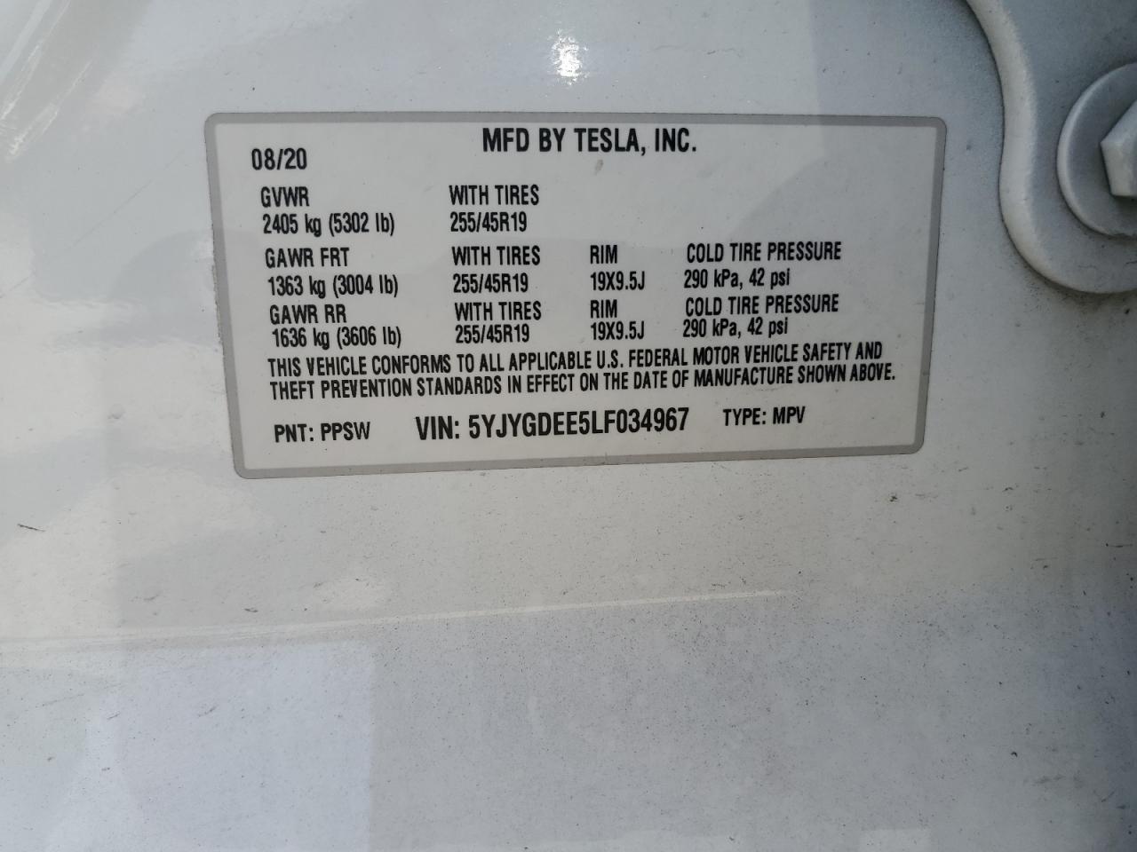 2020 Tesla Model Y VIN: 5YJYGDEE5LF034967 Lot: 70299515