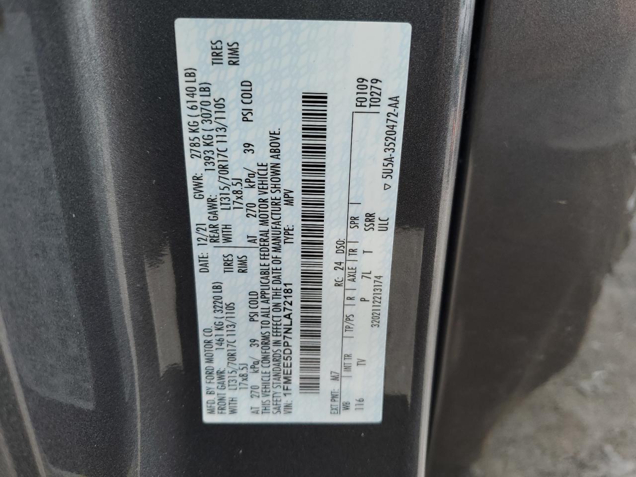 2022 Ford Bronco Base VIN: 1FMEE5DP7NLA72181 Lot: 67750975