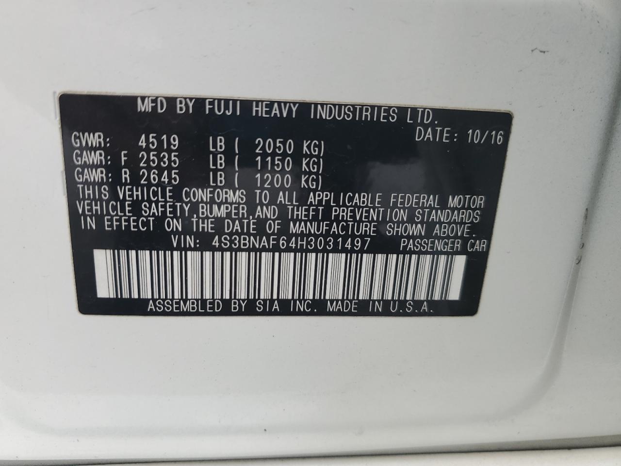 4S3BNAF64H3031497 2017 Subaru Legacy 2.5I Premium