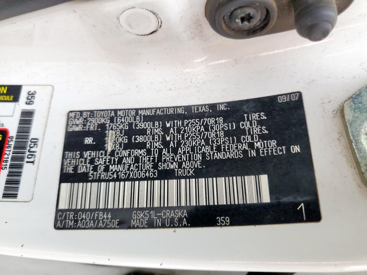 2007 Toyota Tundra Double Cab Sr5 VIN: 5TFRU54167X006463 Lot: 70121525