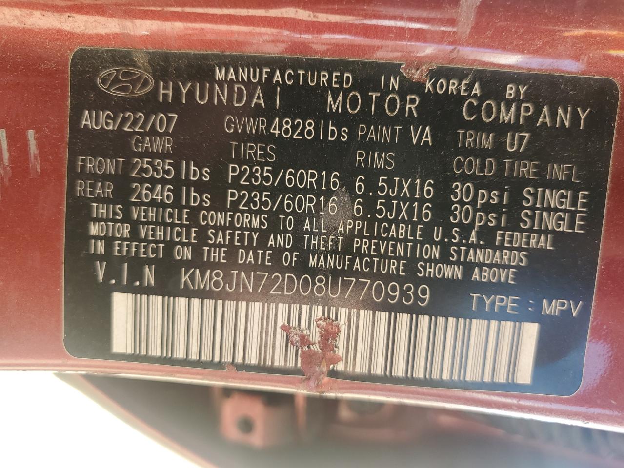 2008 Hyundai Tucson Se VIN: KM8JN72D08U770939 Lot: 69449005