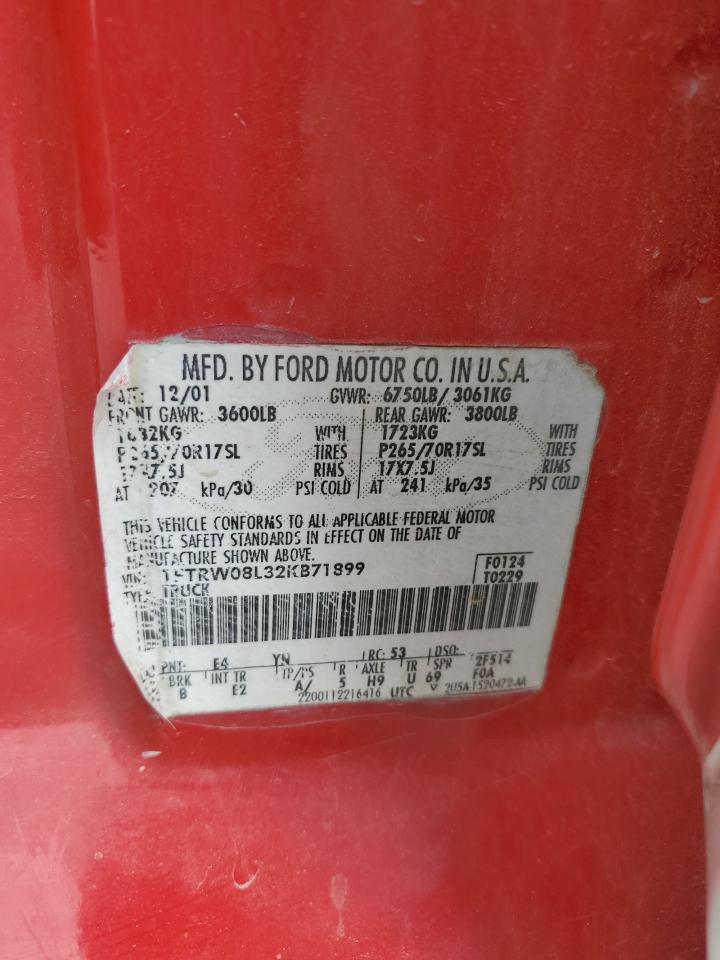 2002 Ford F150 Supercrew VIN: 1FTRW08L32KB71899 Lot: 68464205