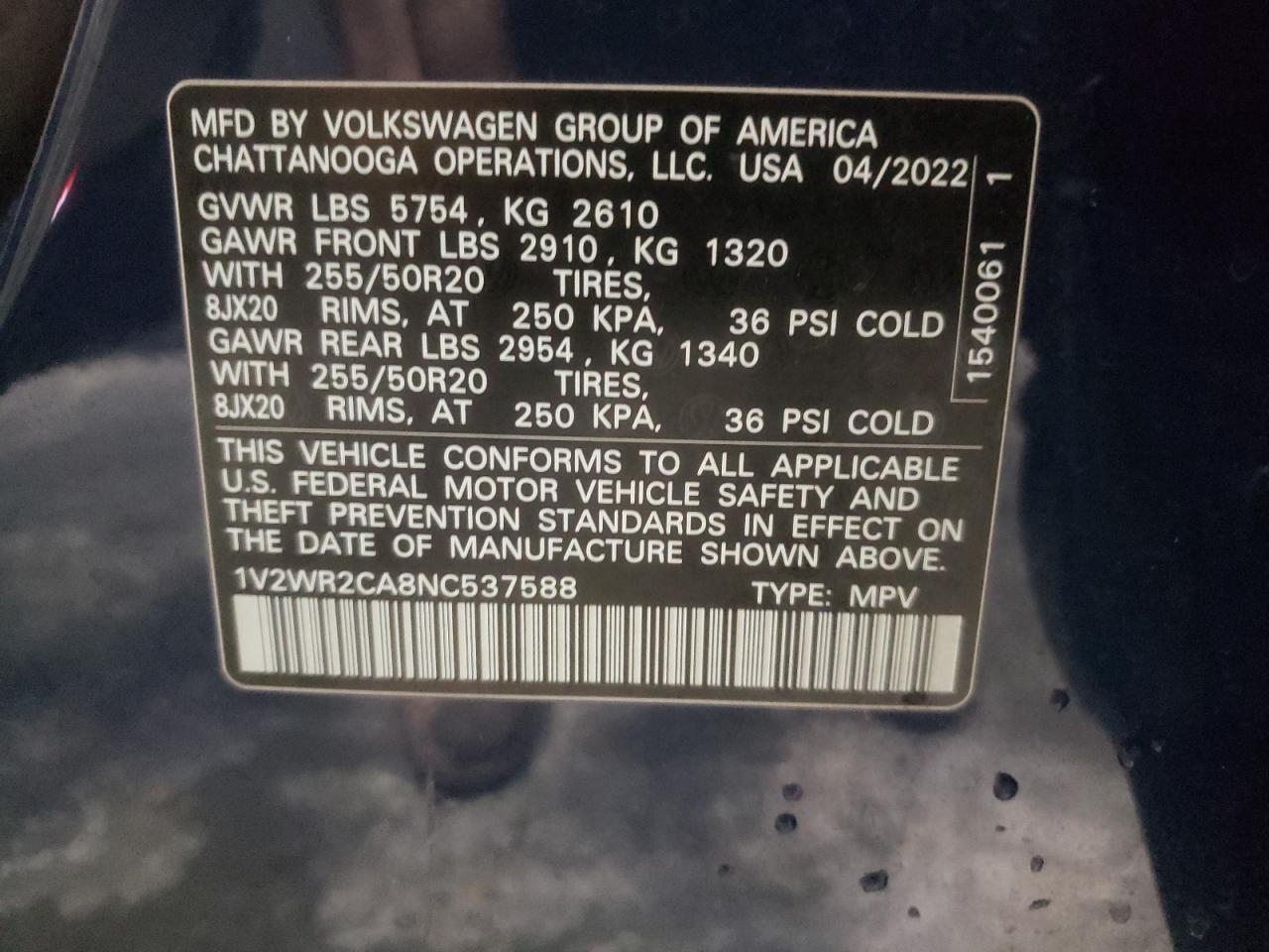 2022 Volkswagen Atlas Se VIN: 1V2WR2CA8NC537588 Lot: 67729505