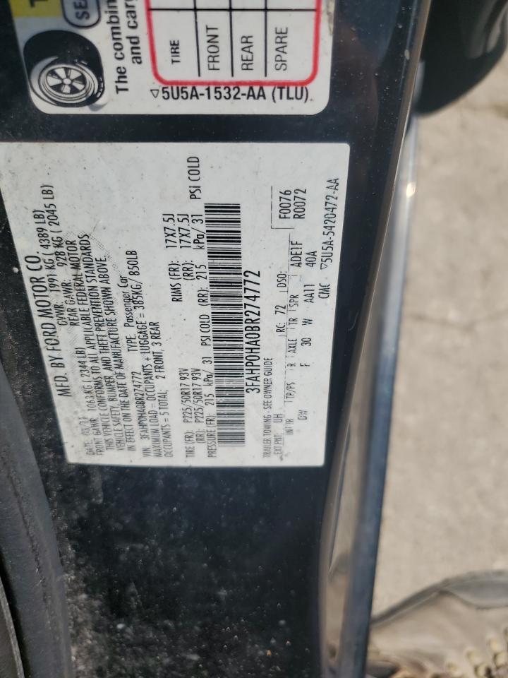 2011 Ford Fusion Se VIN: 3FAHP0HA0BR274772 Lot: 67751025