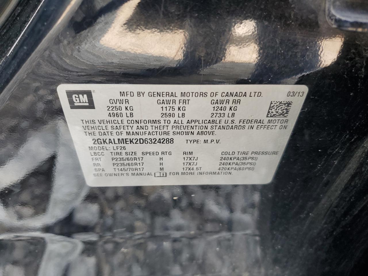 2013 GMC Terrain Sle VIN: 2GKALMEK2D6324288 Lot: 67199555