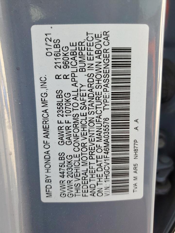 2021 Honda Accord Sport Se VIN: 1HGCV1F46MA035576 Lot: 66873475