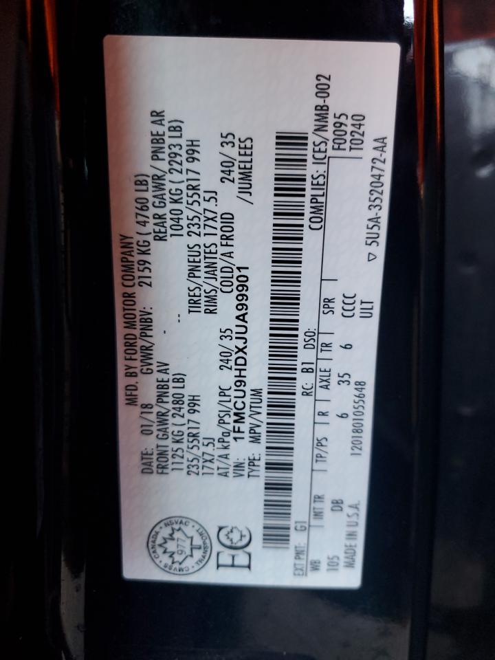 2018 Ford Escape Sel VIN: 1FMCU9HDXJUA99901 Lot: 68782095