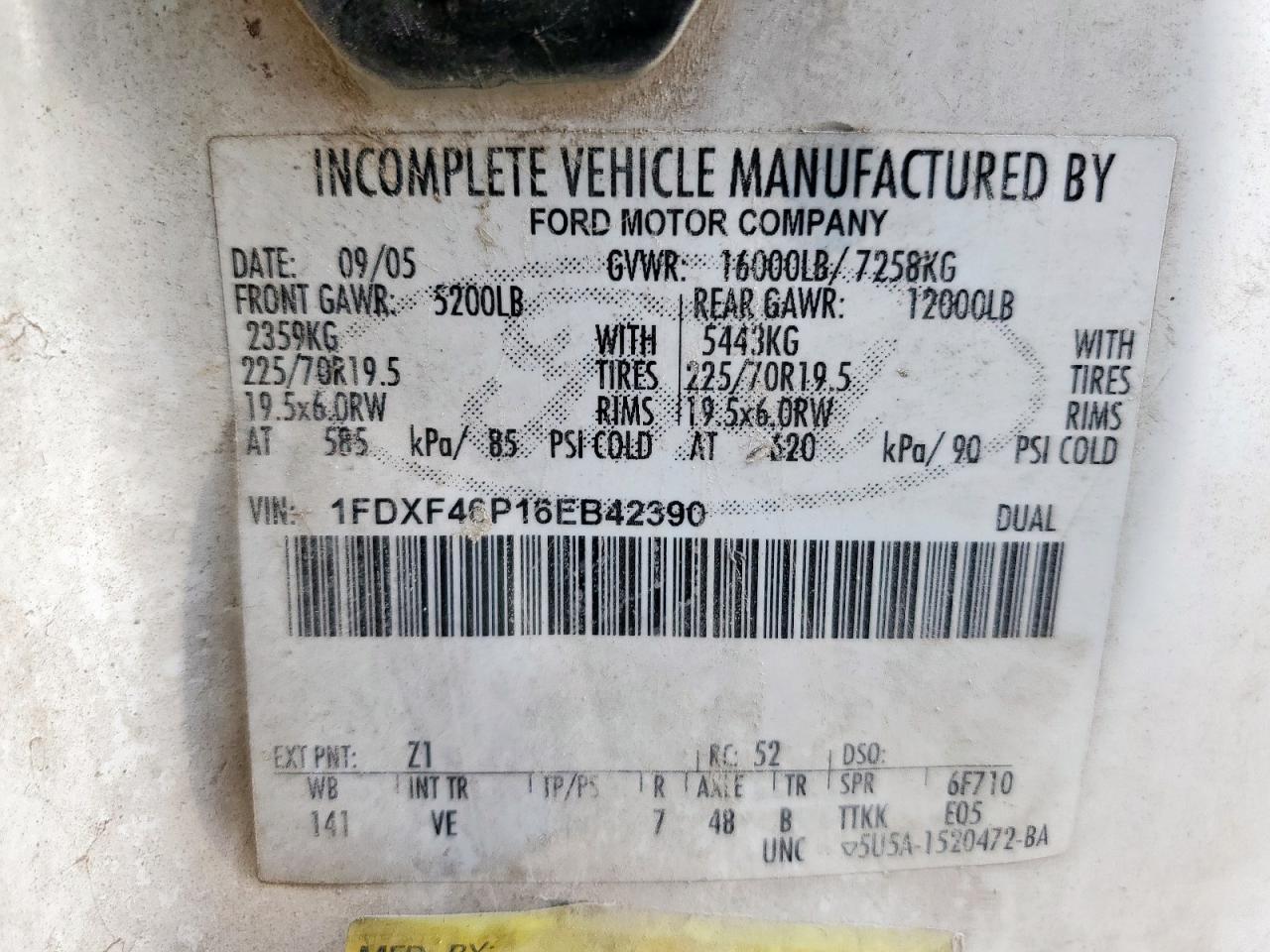 2006 Ford F450 Super Duty VIN: 1FDXF46P16EB42390 Lot: 92470505