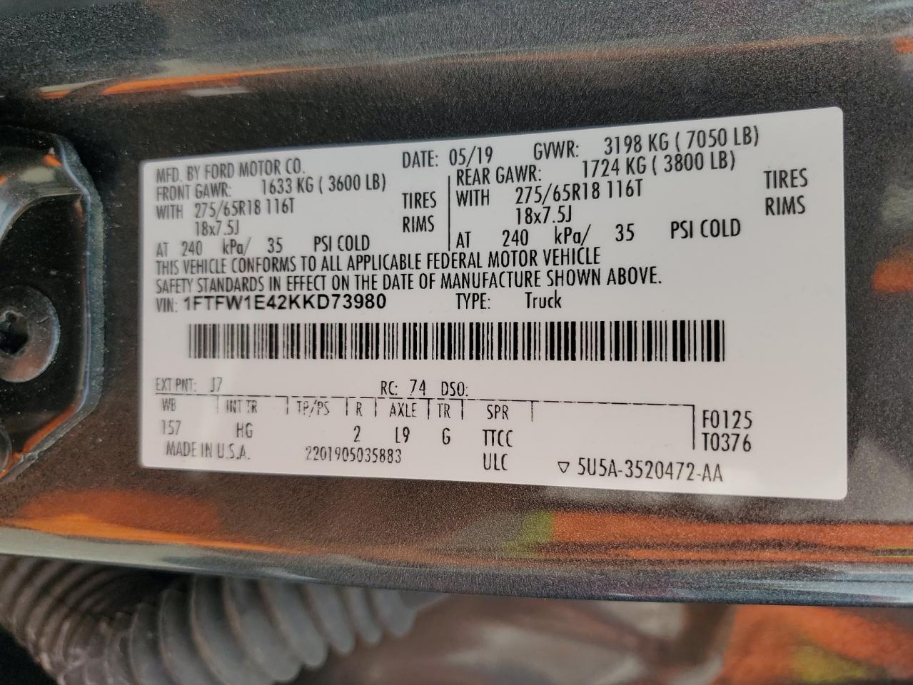 2019 Ford F150 Supercrew VIN: 1FTFW1E42KKD73980 Lot: 70217605