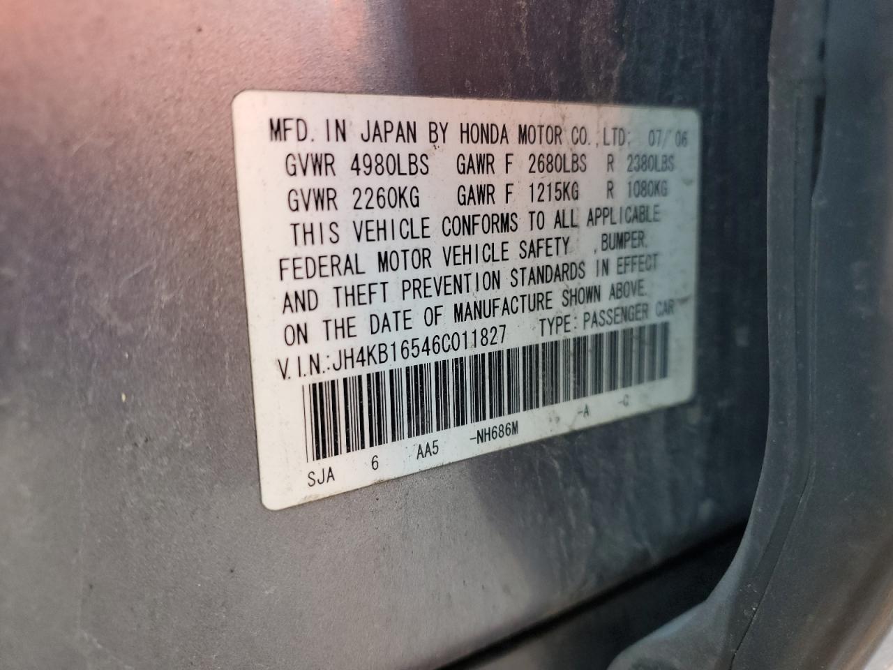 2006 Acura Rl VIN: JH4KB16546C011827 Lot: 63807255