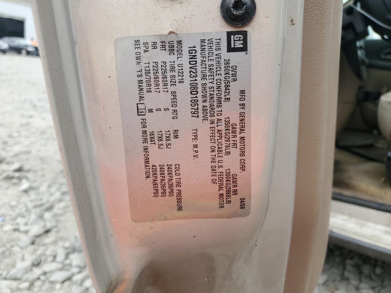 2008 Chevrolet Uplander Ls VIN: 1GNDV23108D186797 Lot: 67684245