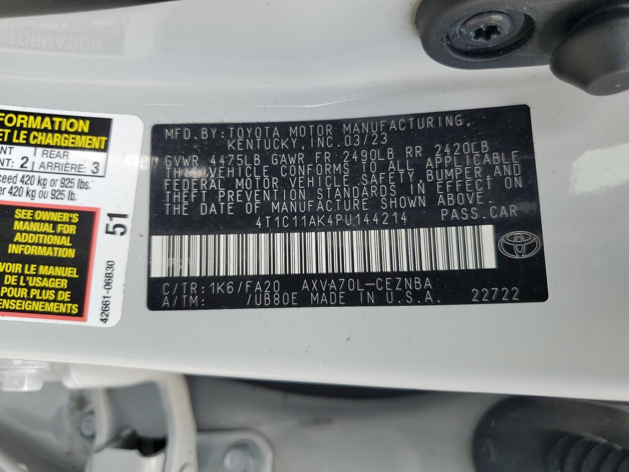 2023 Toyota Camry Le VIN: 4T1C11AK4PU144214 Lot: 67950185