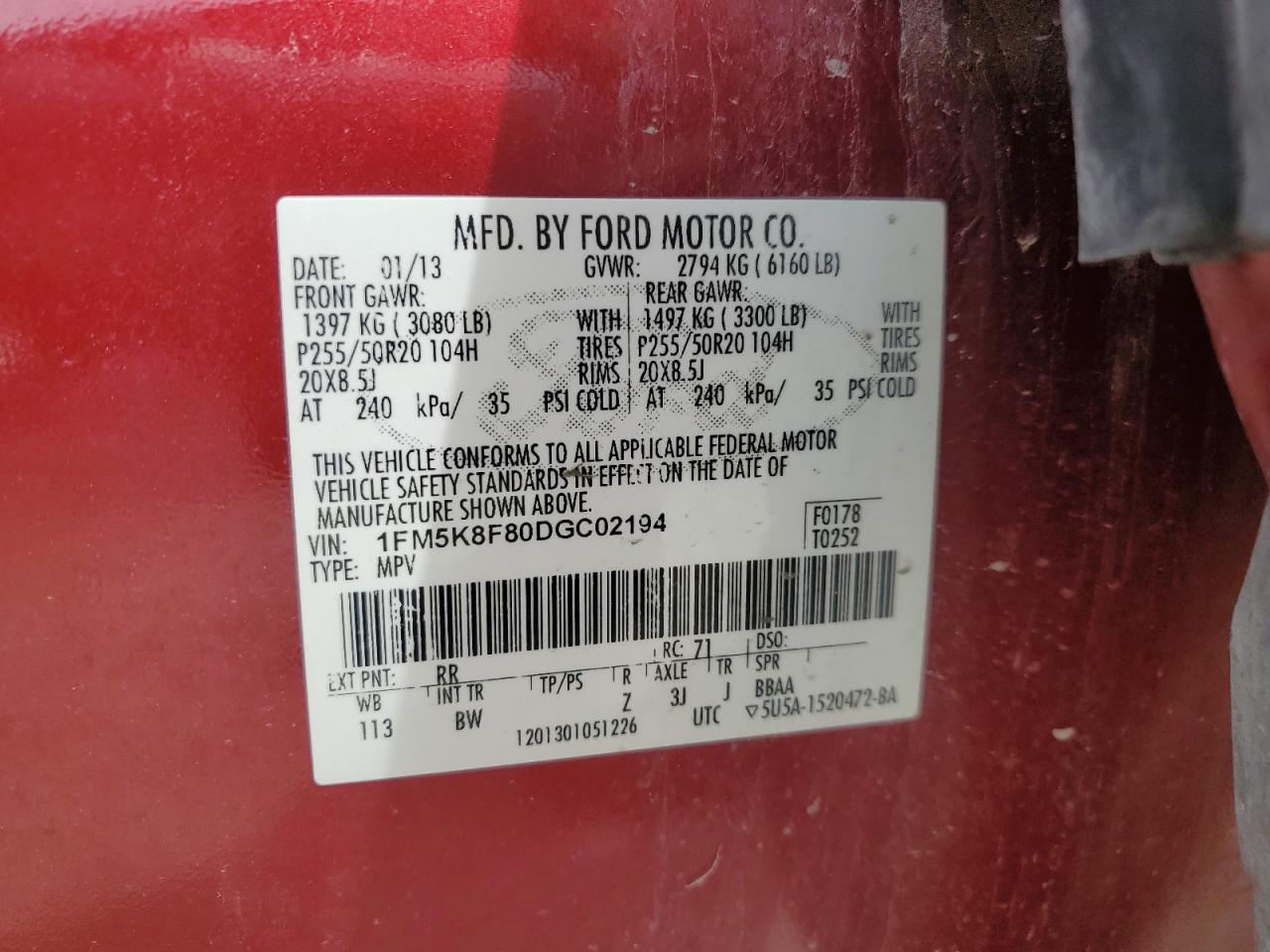 2013 Ford Explorer Limited VIN: 1FM5K8F80DGC02194 Lot: 70599895