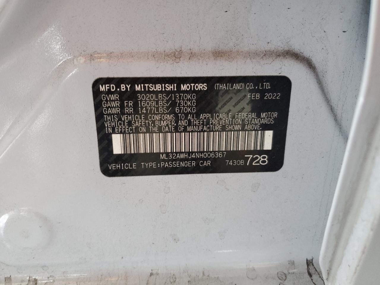 2022 Mitsubishi Mirage Se VIN: ML32AWHJ4NH006367 Lot: 68974165