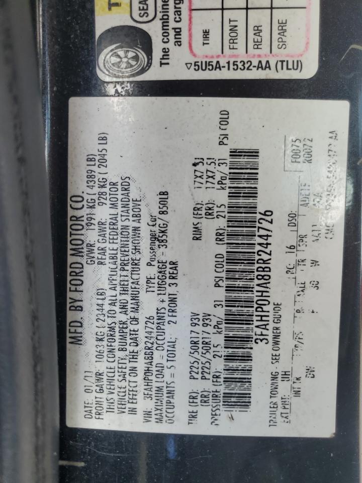 2011 Ford Fusion Se VIN: 3FAHP0HA8BR244726 Lot: 81574205