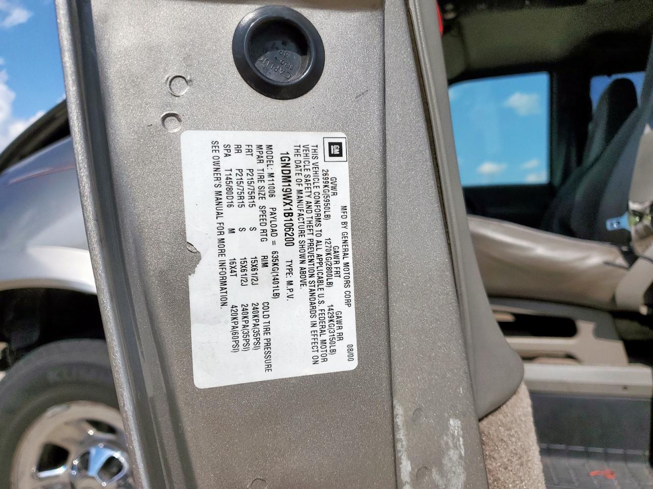 2001 Chevrolet Astro VIN: 1GNDM19WX1B106200 Lot: 68921015