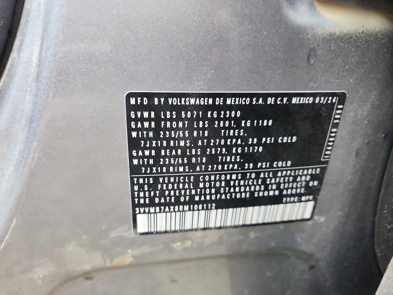 2024 Volkswagen Tiguan Se VIN: 3VVMB7AX8RM106112 Lot: 69289365