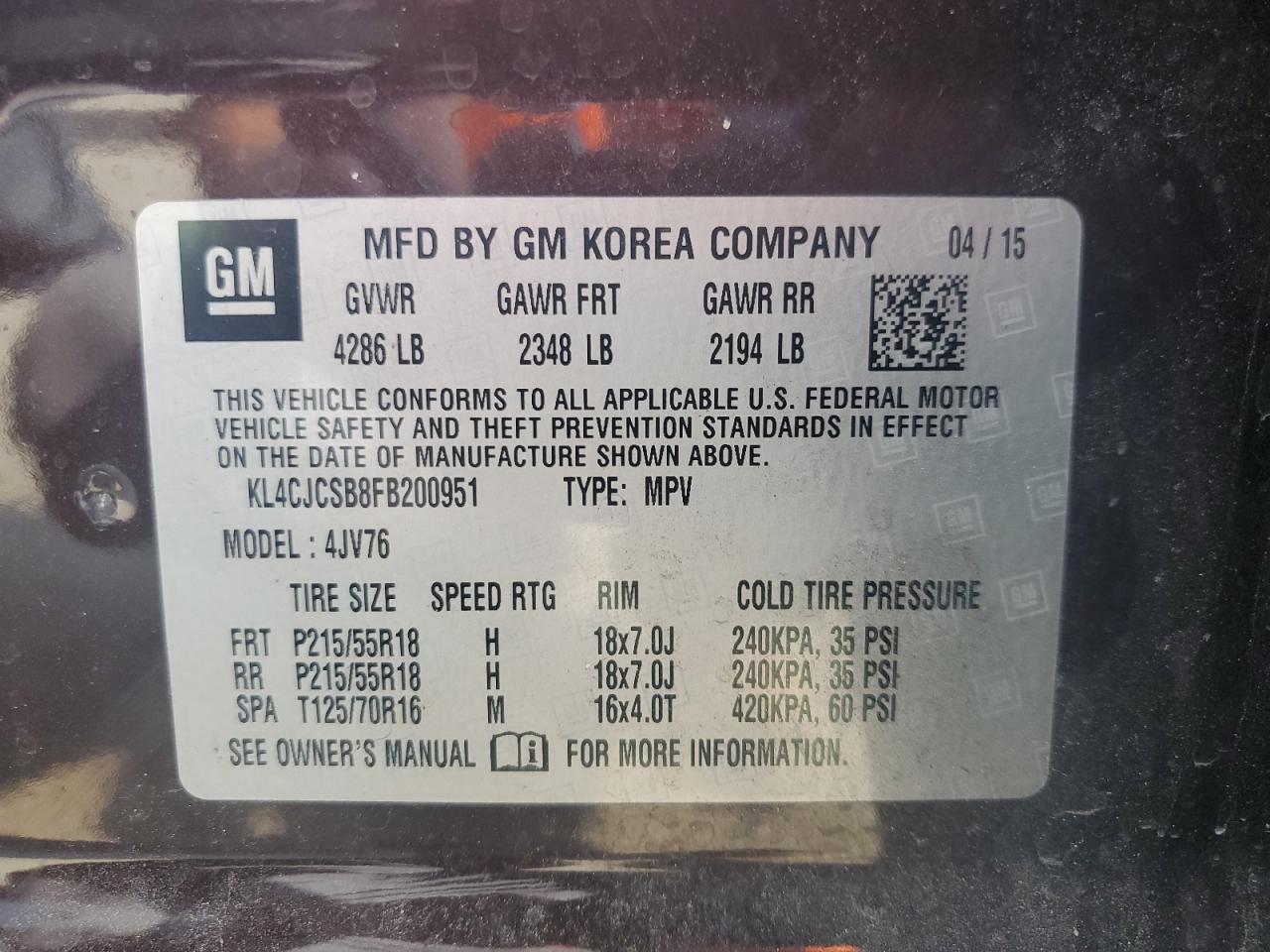 2015 Buick Encore VIN: KL4CJCSB8FB200951 Lot: 69649595