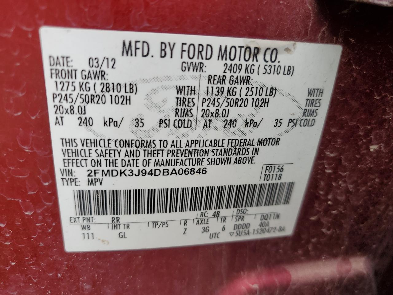 2013 Ford Edge Sel VIN: 2FMDK3J94DBA06846 Lot: 69745005