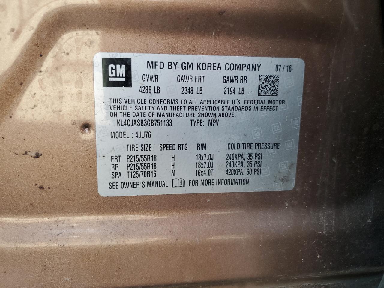 2016 Buick Encore VIN: KL4CJASB3GB751133 Lot: 68633085