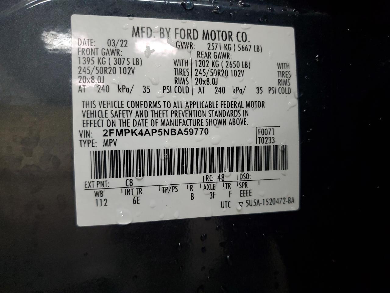 2022 Ford Edge St VIN: 2FMPK4AP5NBA59770 Lot: 70011715