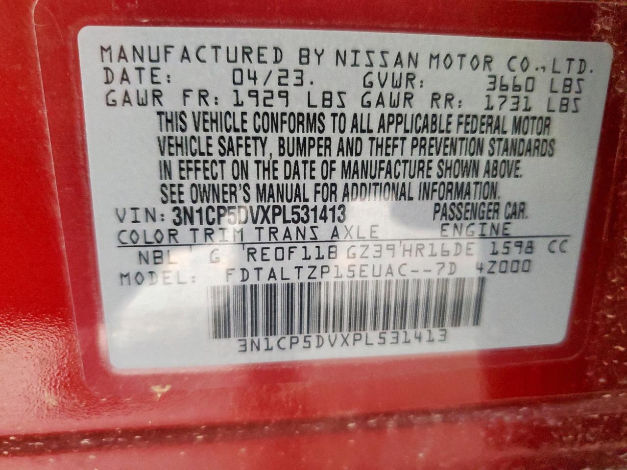 2023 Nissan Kicks Sr VIN: 3N1CP5DVXPL531413 Lot: 69280875