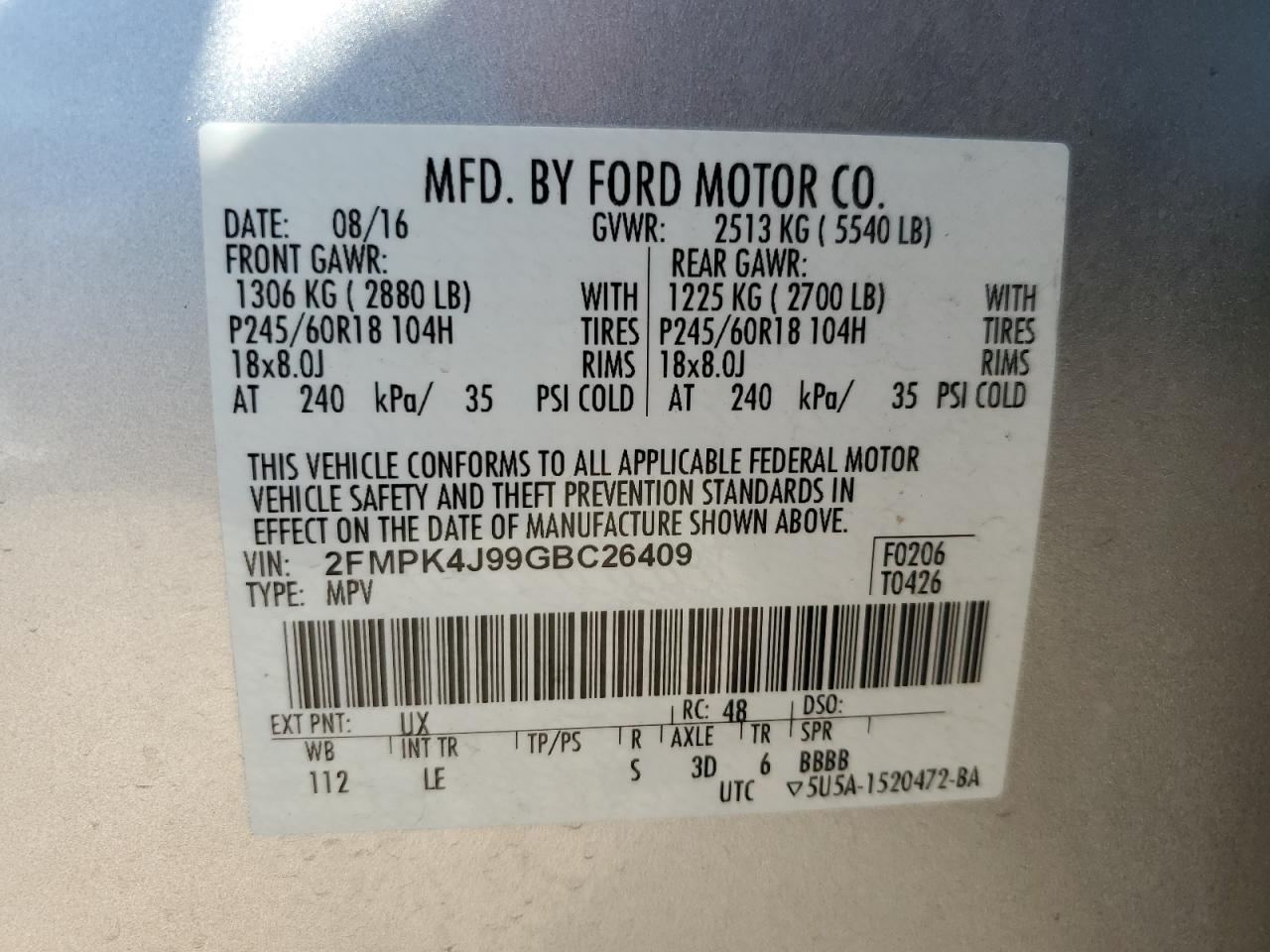 2016 Ford Edge Sel VIN: 2FMPK4J99GBC26409 Lot: 68373015