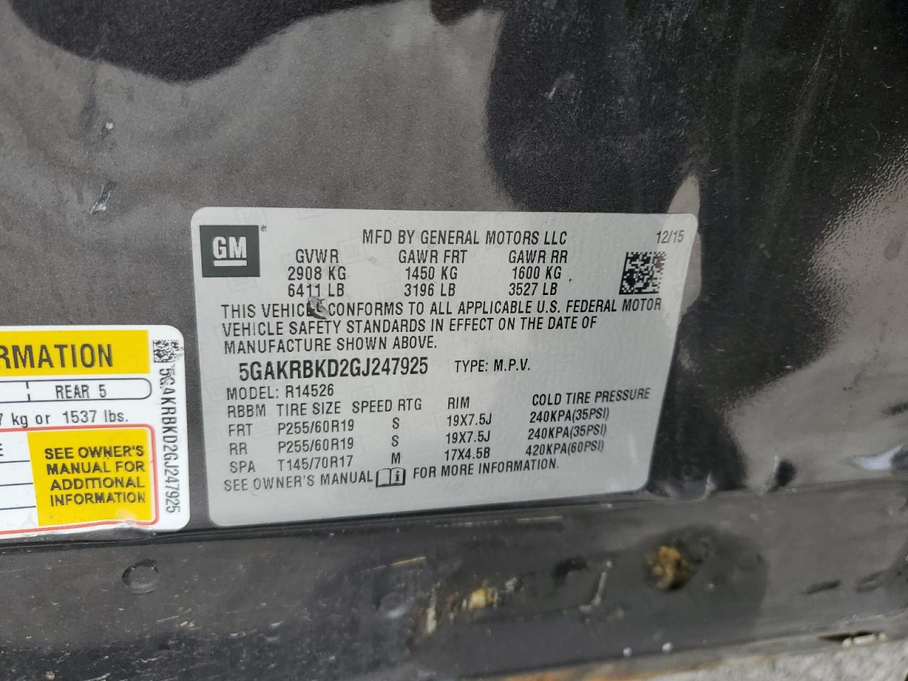 2016 Buick Enclave VIN: 5GAKRBKD2GJ247925 Lot: 69778955