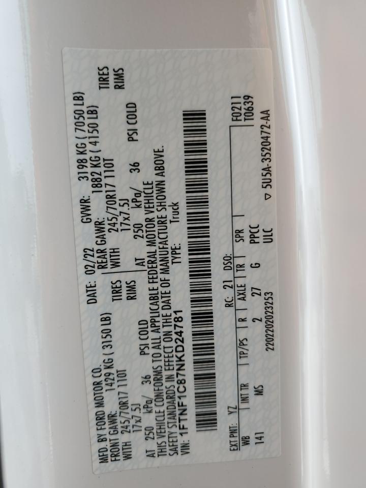 2022 Ford F150 VIN: 1FTNF1C87NKD24781 Lot: 70856985